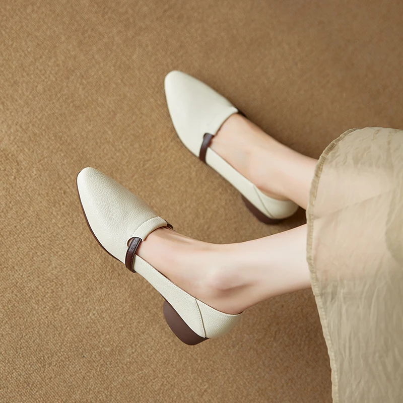 【初春新款】手工女鞋春季尖头粗跟软皮软底百搭单鞋浅口3cm