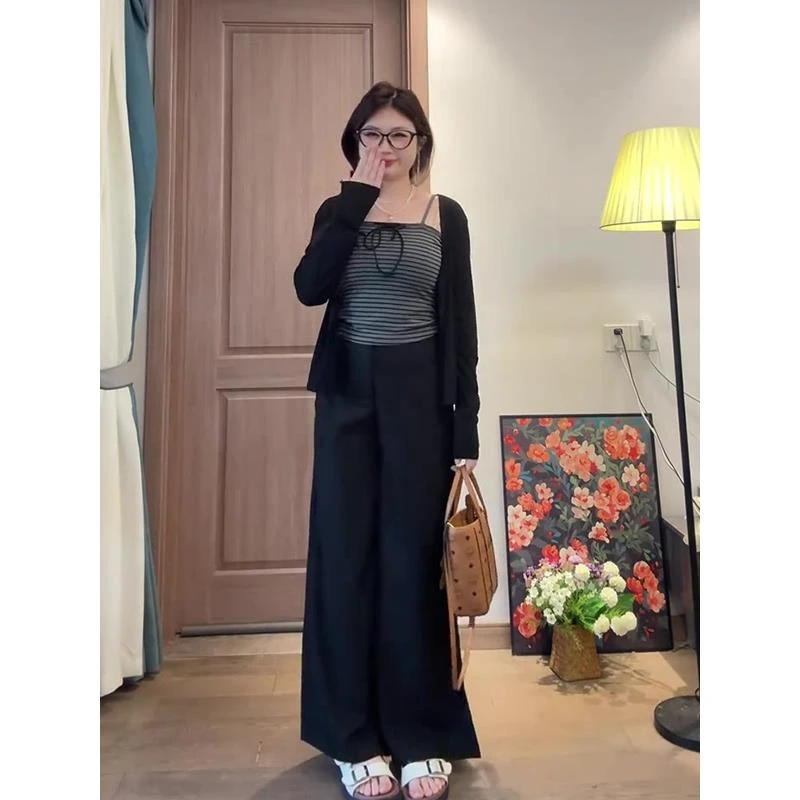 美式辣妹条纹吊带背心套装女装秋季穿搭一整套防晒短款开衫两件套