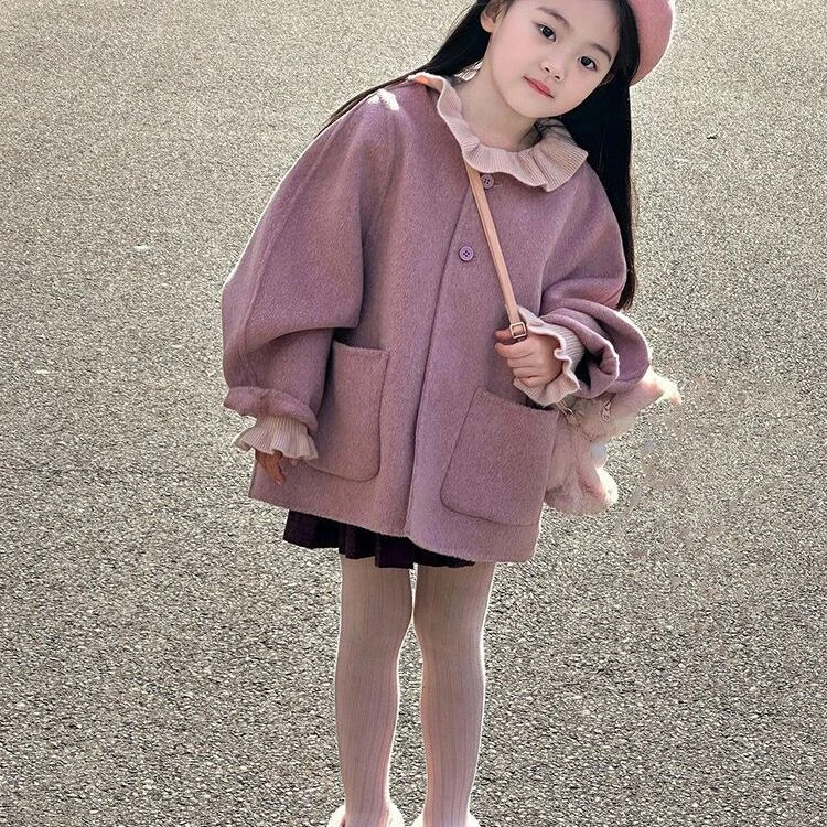 童泰【断码】韩式童装2025秋冬新款甜美粉紫色短款毛呢大衣女