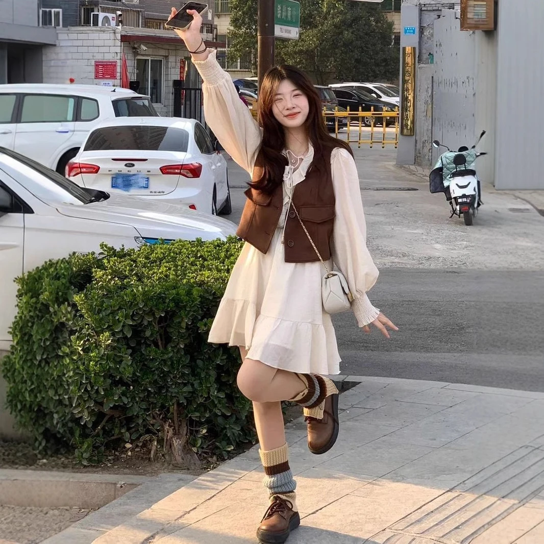 涤纶100%韩版学院风荷叶边绑带连衣裙女学生夏季+短款叠穿背心马