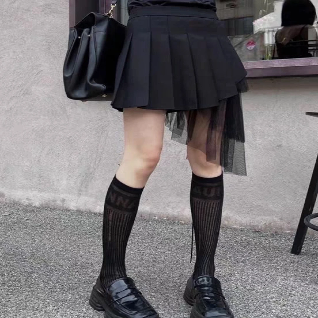 8527设计感小众黑色不规则网纱拼接半身裙女夏小个子百褶短裙