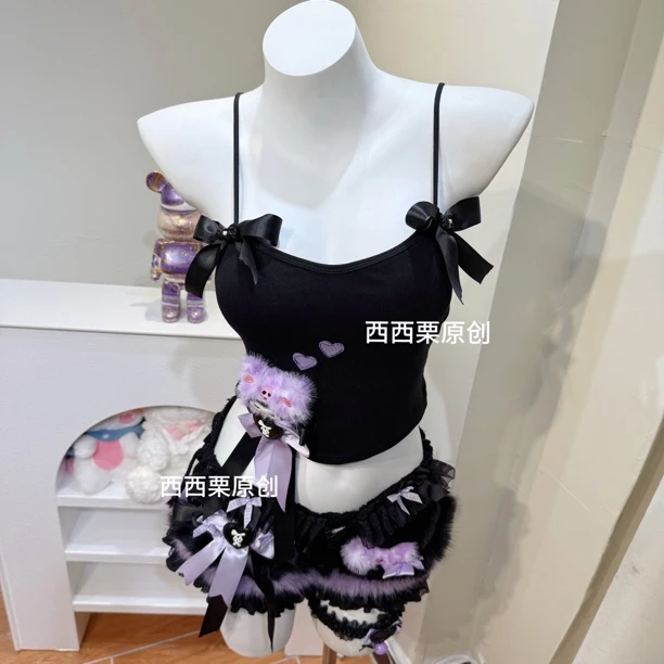 原创西西DD-164夏季韩版可爱性感吊带甜辣妹妹甜美超短牛仔裤