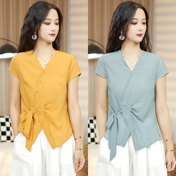 夏季新款韩系气质V领系带收腰透气T恤高级洋气百搭显瘦减龄上衣