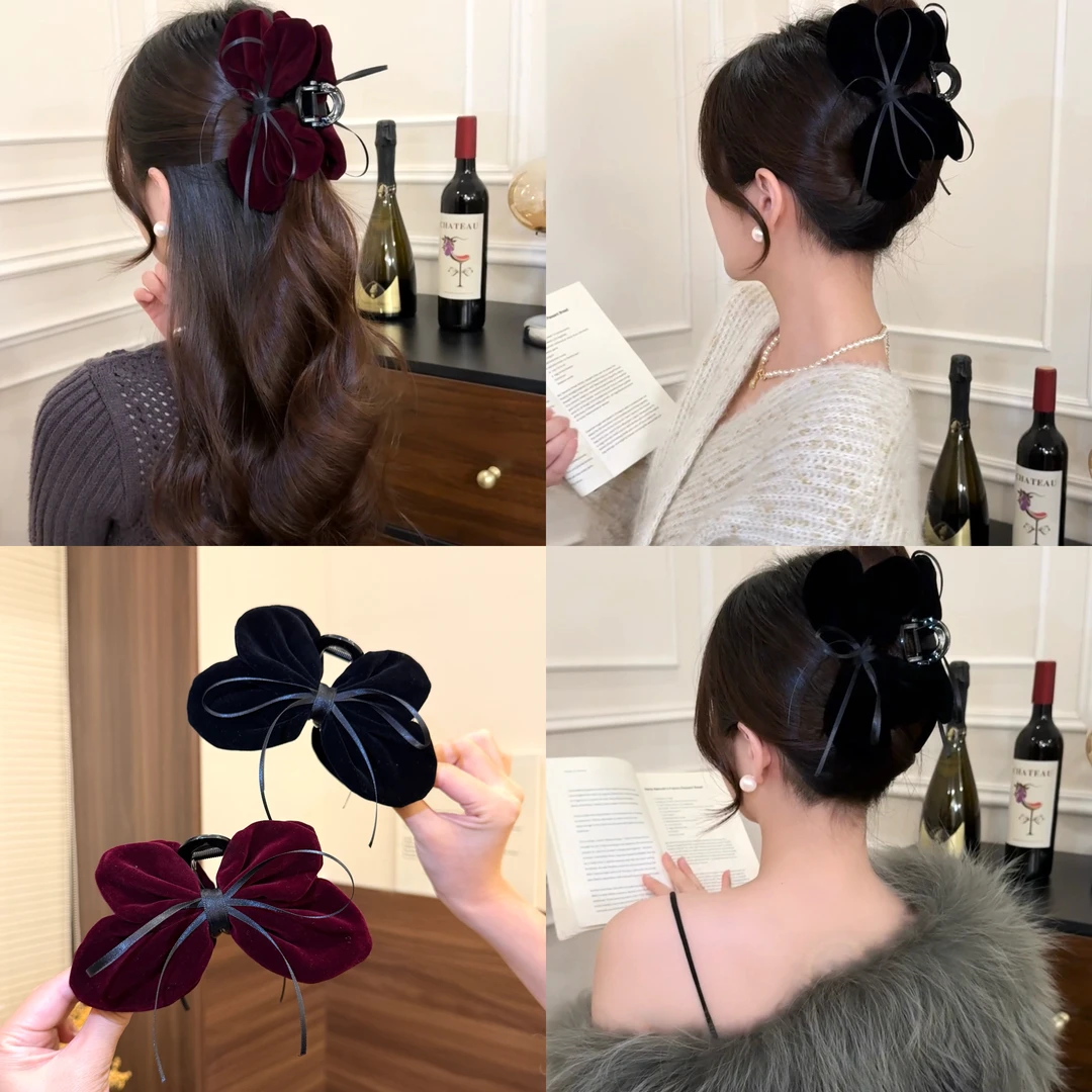 新款丝绒双面飘带蝴蝶结抓夹秋冬慵懒抓夹