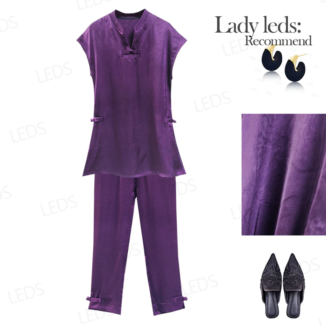 LEDS LX072【新中式盘扣紫韵套装】夏季缎面流光国风优雅温婉穿搭