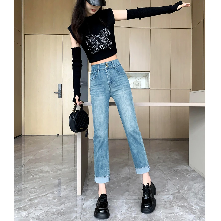 春夏高腰牛仔裤女2025新款爆款弹力显瘦夏季浅色九分直筒烟管裤子