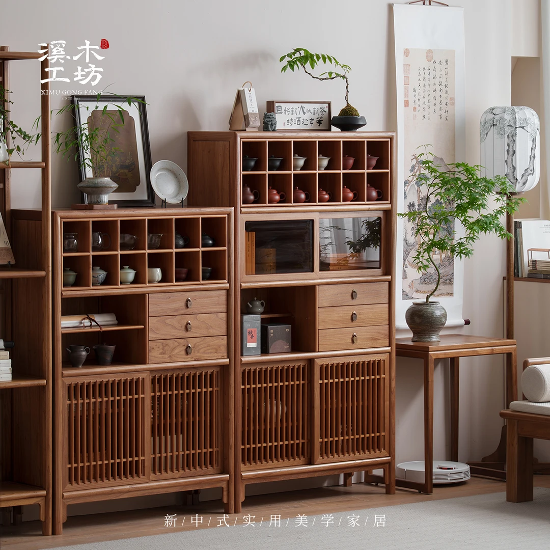 实木落地书柜新中式置物柜客厅胡桃色简约隔断玄关办公室家具边柜