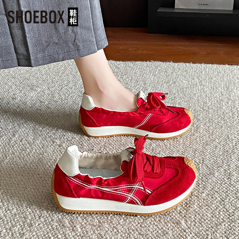SHOEBOX鞋柜2025秋新款透气薄款浅口休闲鞋红色德训百搭软底女鞋