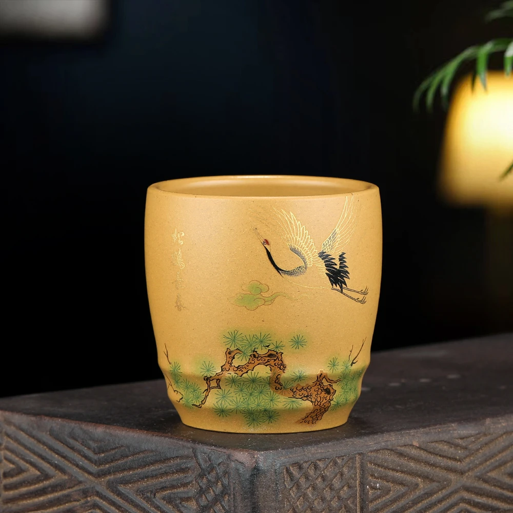 宜兴原矿紫砂主人杯 黄金段  珐琅彩  仙鹤