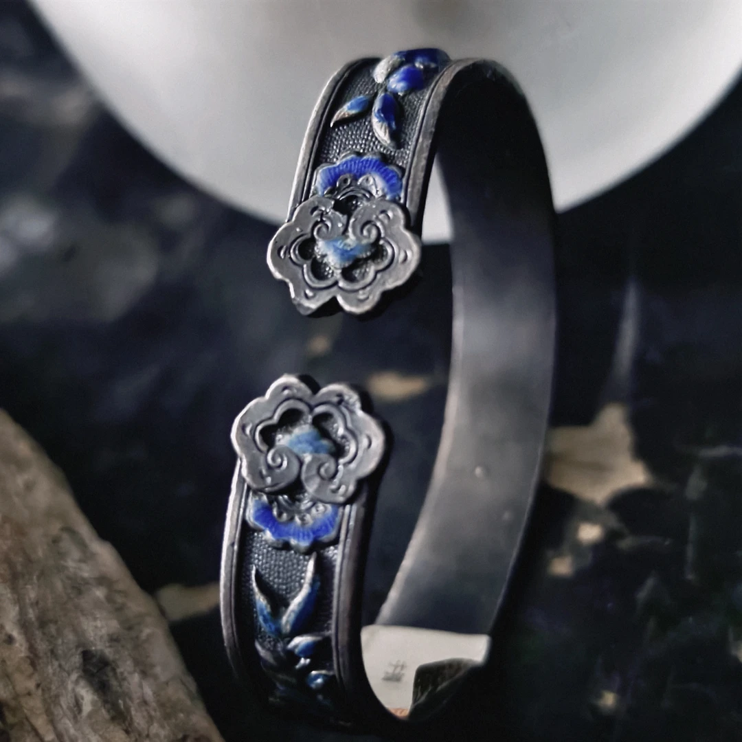 足银手镯 新中式纯银正品古法烧蓝银手镯手工錾刻轻奢高级感复古