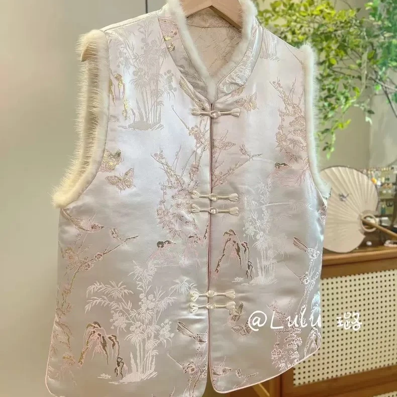 中国风背心夹棉外搭新中式上衣马甲女秋冬夹棉提花刺绣毛毛边坎肩