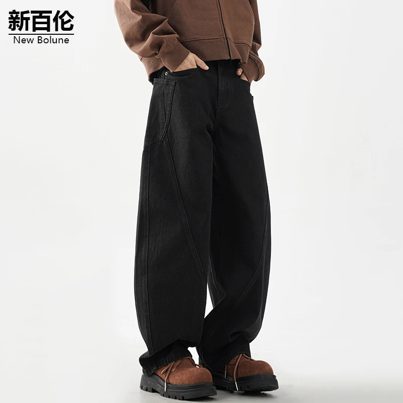 新百伦/NEW BOLUNE美式痞帅牛仔裤男款秋冬季黑色加绒宽松直筒裤