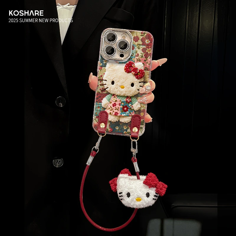 碎花kt猫公仔挂绳适用苹果16羽纱手机壳iphone17promax可爱卡通15