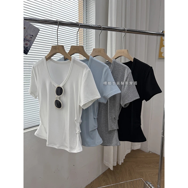 【冰雾】夏日衣橱刚需韩系简约百搭显瘦U领褶皱收腰短袖T恤女夏薄