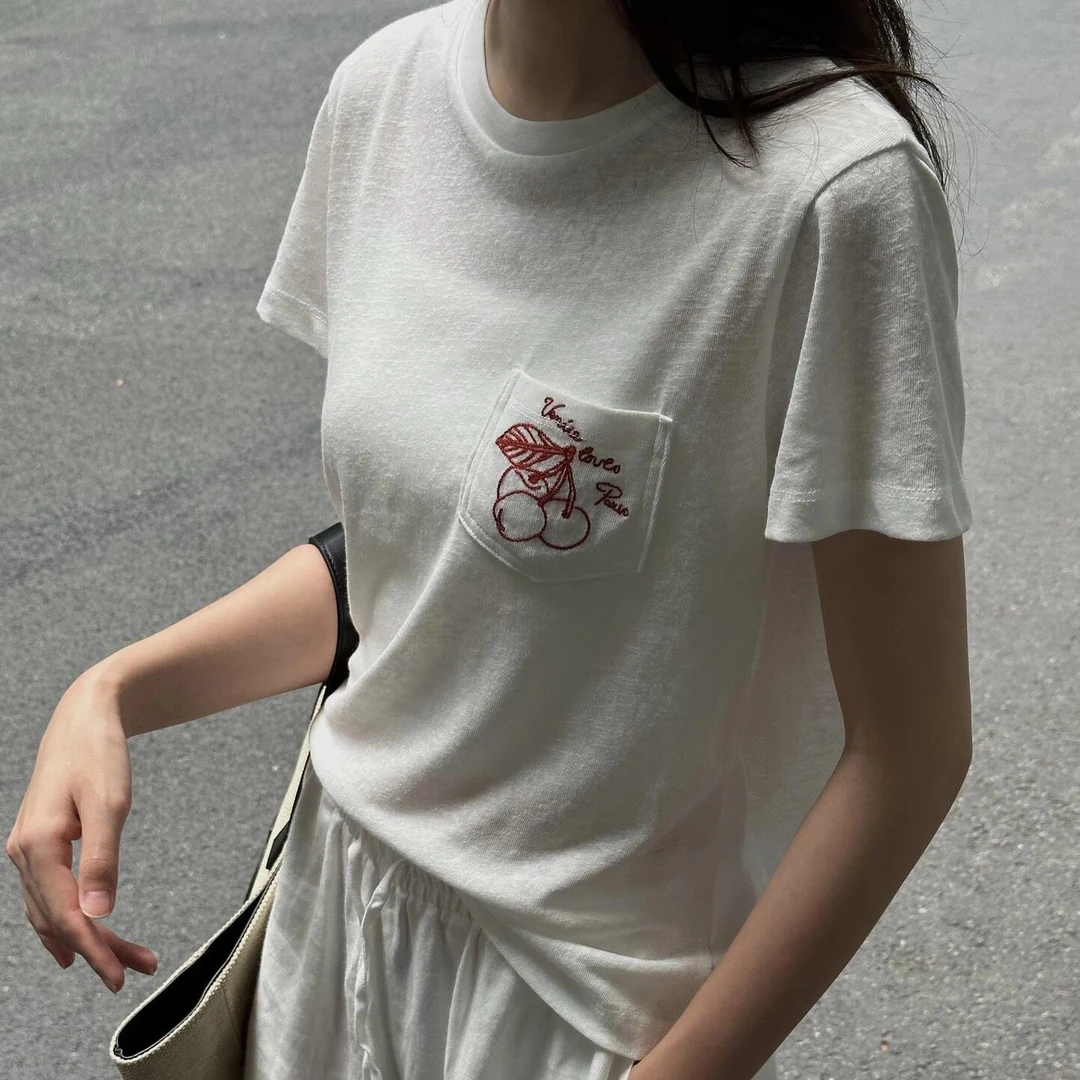 【M】新中式T恤2025夏新品《好柿成双》刺绣短袖含亚麻M607