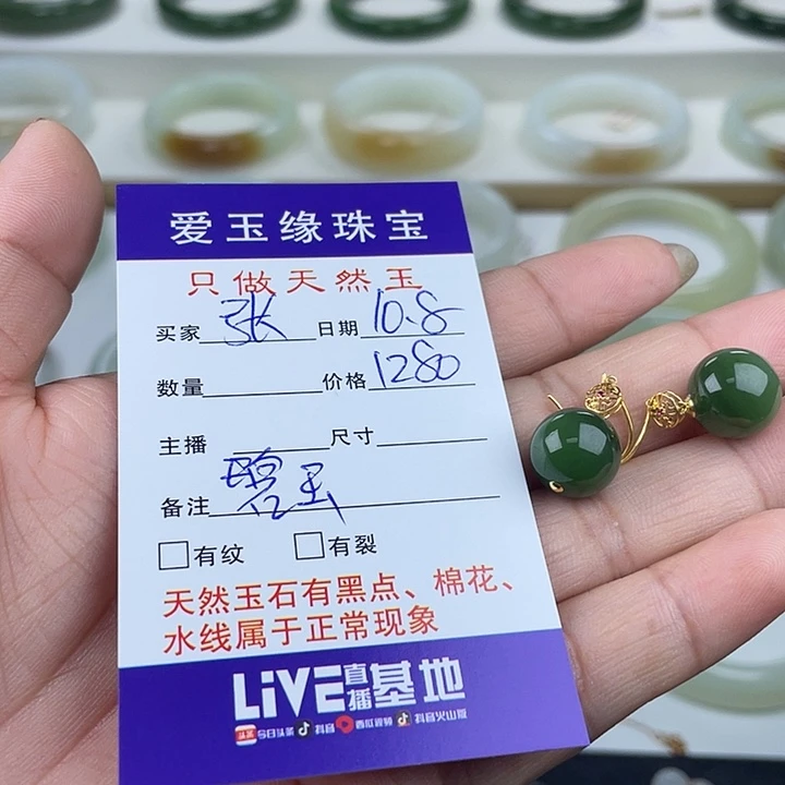 张***瑜和田玉（碧玉）18K金镶嵌珠宝奇石耳环