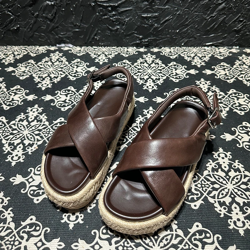 欧洲站2025新款真皮厚底增高交叉凉鞋女时尚麻绳编织沙滩凉鞋女鞋
