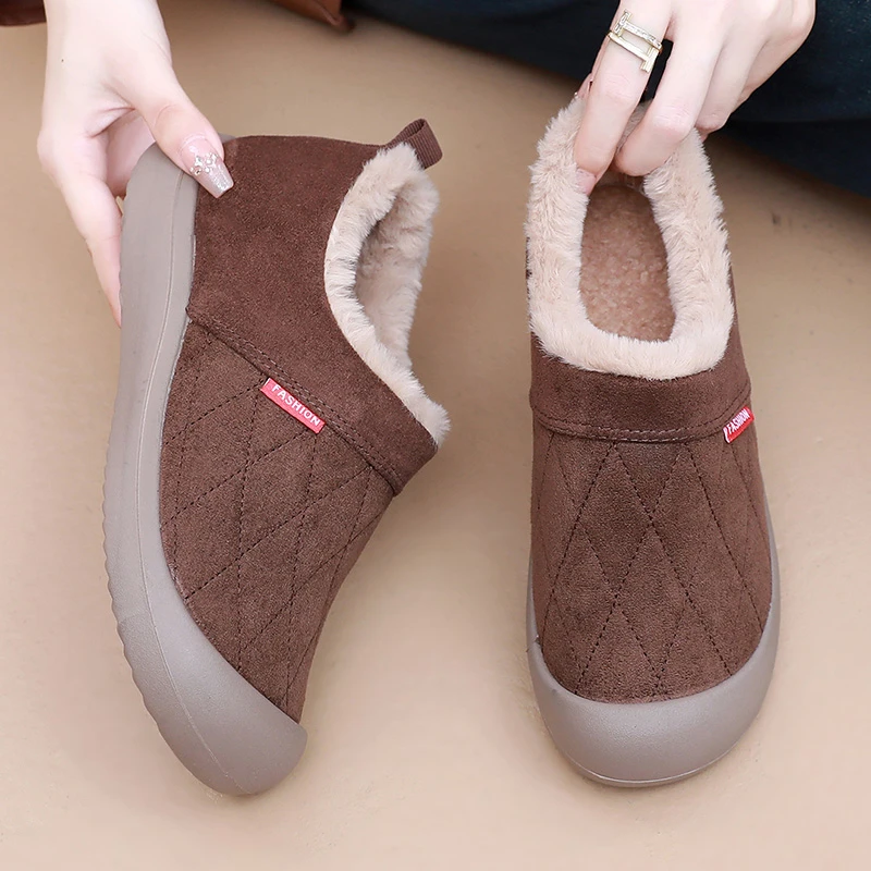 2025冬季新款一脚蹬妈妈棉靴加绒加厚保暖棉鞋防滑平底老人靴子女