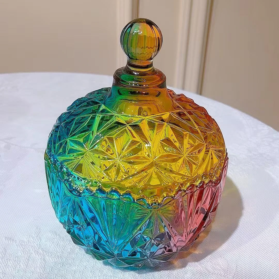 欧式七彩琉璃色水晶玻璃带盖收纳罐糖果罐储物罐