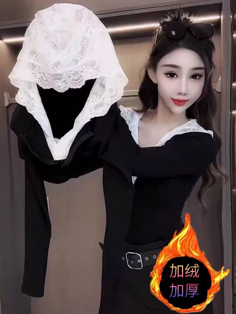 A加绒2025休闲风淑女开衫卫衣短款轻职风蕾丝打底时尚假两件