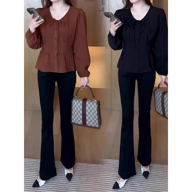 拉夏贝尔高级感长袖衬衫女2025春秋新款洋气显瘦遮肚收腰百搭上衣