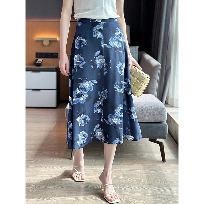 左左家 优雅气质~100%桑蚕丝蓝色印花显瘦真丝半身裙中长款A字裙