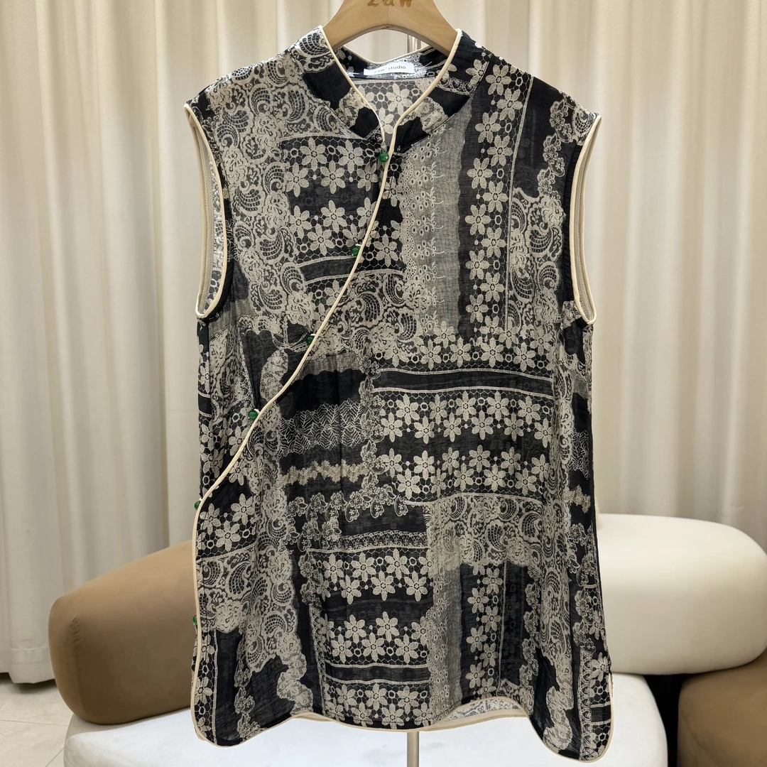 zaw大码新中式提花衬衫女夏季洋气宽松无袖背心上衣