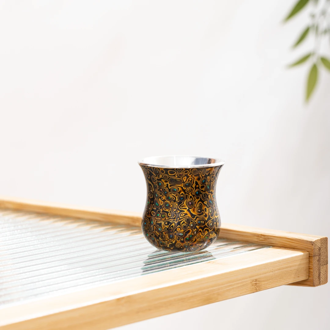 蜂鸟工坊 文创系列 大漆包银杯 木胎黑漆螺钿茶杯 WCDQB602