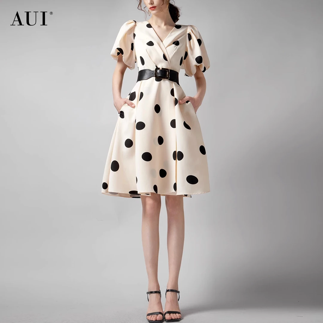 【七语专属】AUI波点气质高级感高腰V领连衣裙女-24W014528