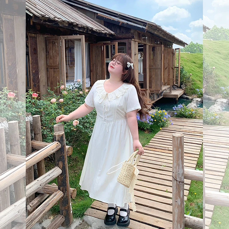 辣条大码女装 白茶甜心 温柔荷叶领刺绣胖mm显瘦长款连衣裙女夏