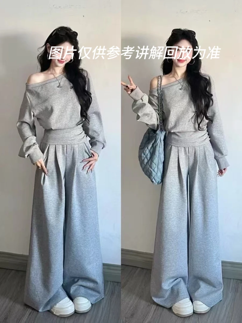 「小 吴家」韩系运动休闲短款收腰斜肩上衣设计感长裤半身裙一整套