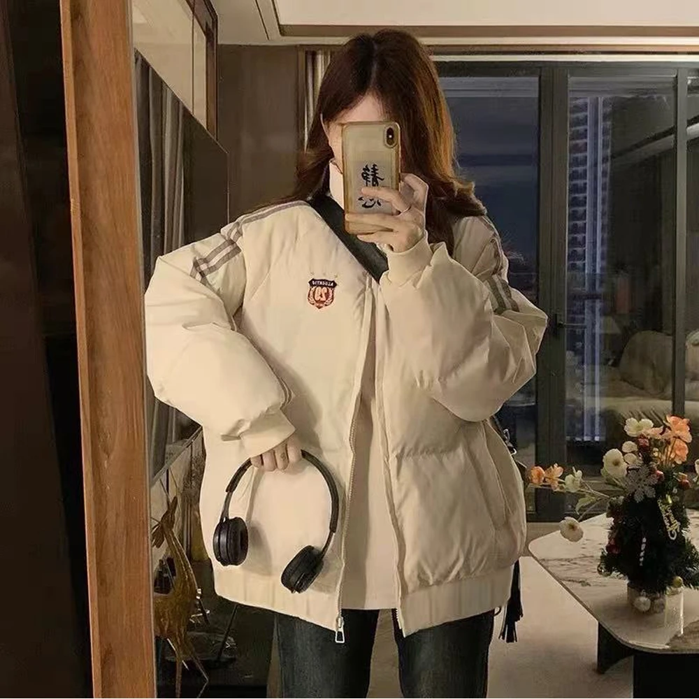 美式复古条纹羽绒棉服女冬季新款街头情侣加厚收口袖防寒服棉衣