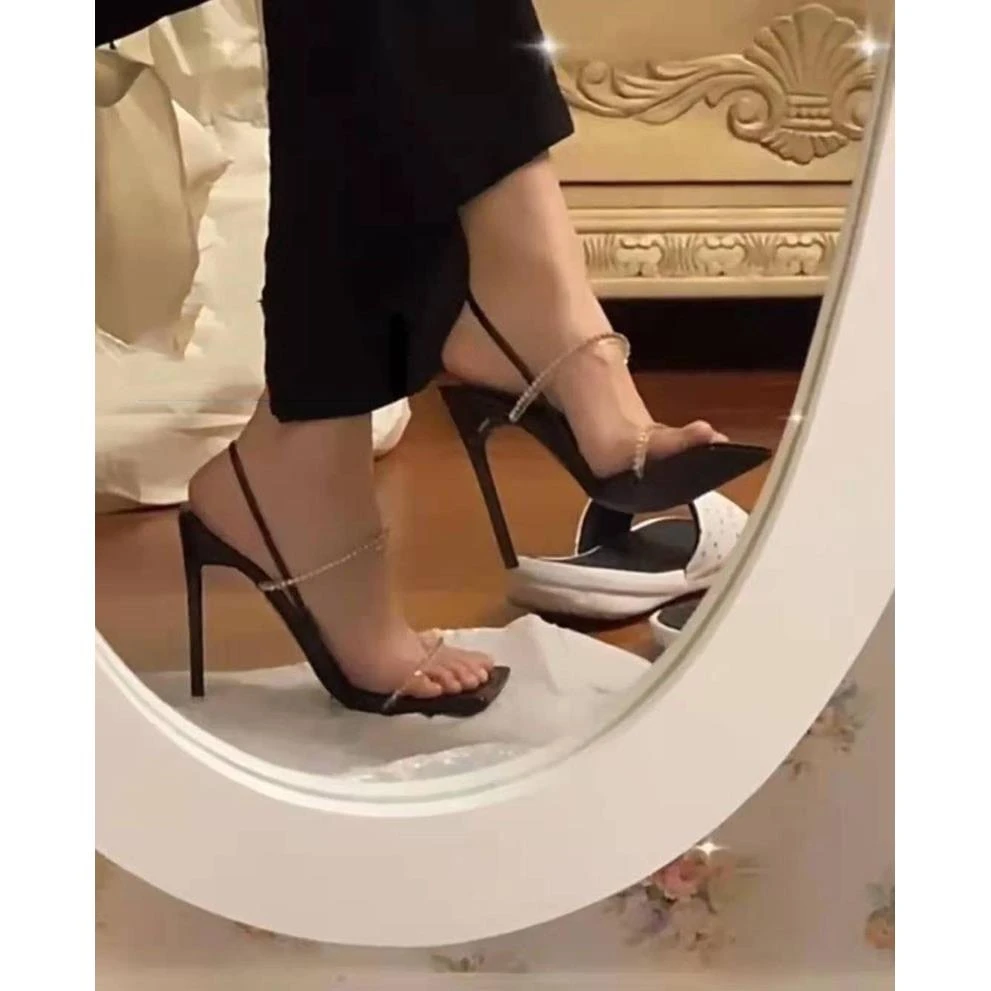 【澳门专柜正品】绝美线条！水钻细跟高跟鞋2022新款方头一字带性感