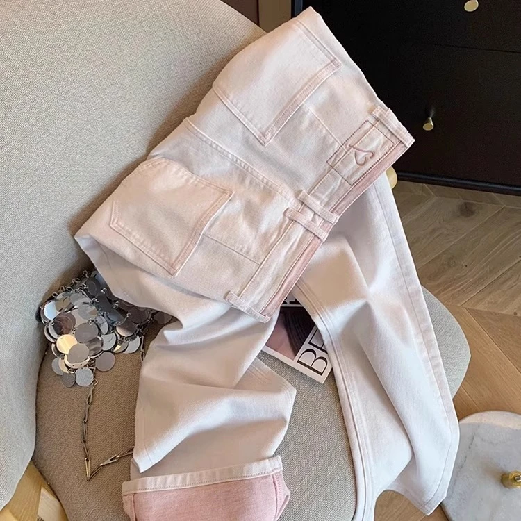 欧若风樱花粉高腰直筒牛仔裤女2025秋季新款小众设计显瘦垂感裤子