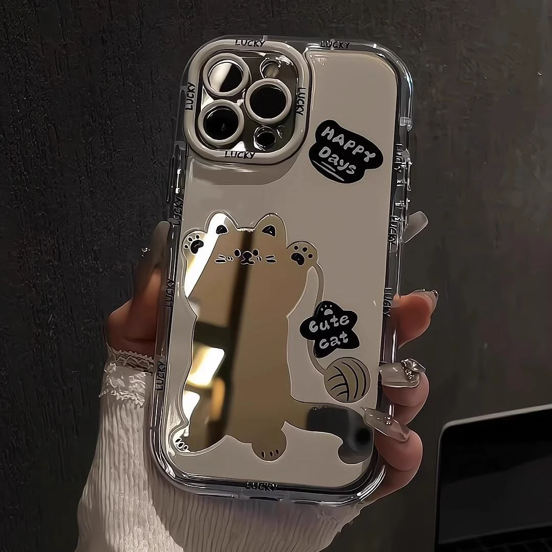 毛线球猫咪镜面泡芙壳适用苹果16华为vivo小米OPPO手机壳新款潮流