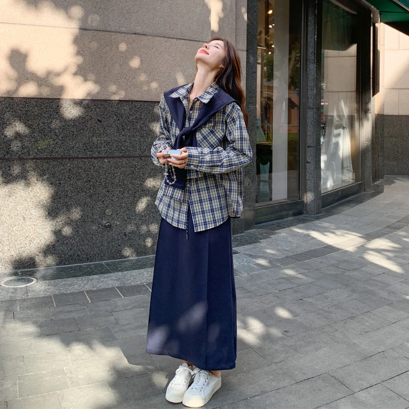 韩系通勤风格纹衬衫半身裙2025春秋新款小众ins学院风时尚套装裙