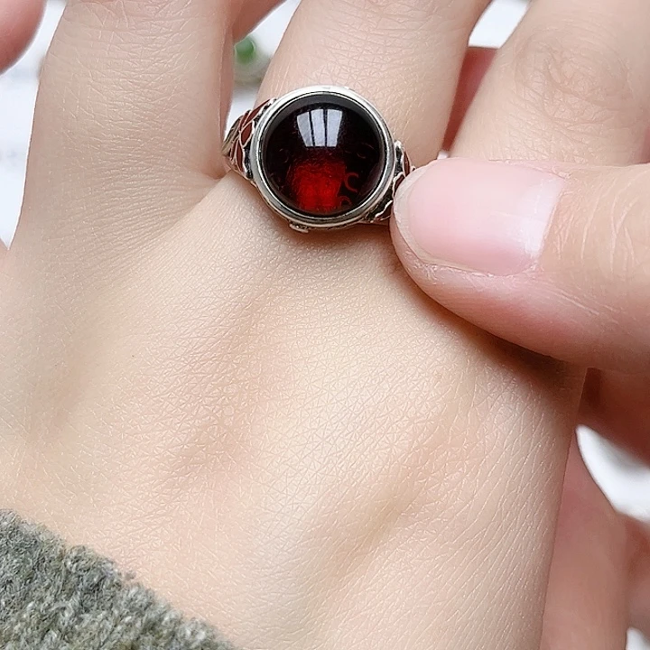 血珀戒指银S925镶嵌天然