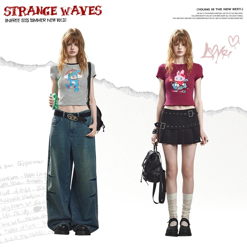 unifree【25年夏】【涂鸦狂人联名】条纹正肩短袖T恤美式短款上衣