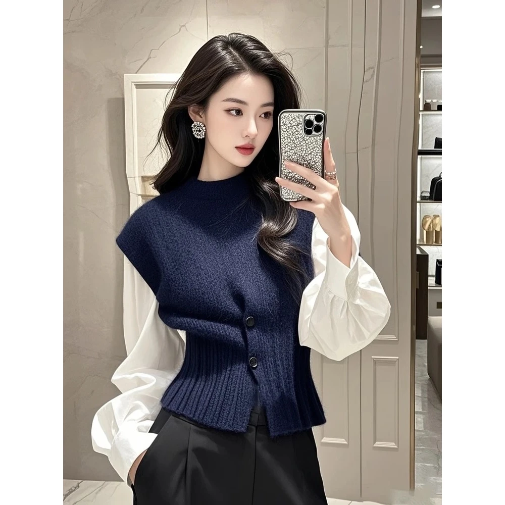 JY#【两件套】设计感打底针织衫女百搭马甲毛衣+衬衫上衣DY11949
