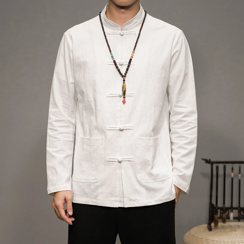 亚麻衬衫男潮牌复古中国风唐装长袖衬衣纯色百搭棉麻上衣改良汉服