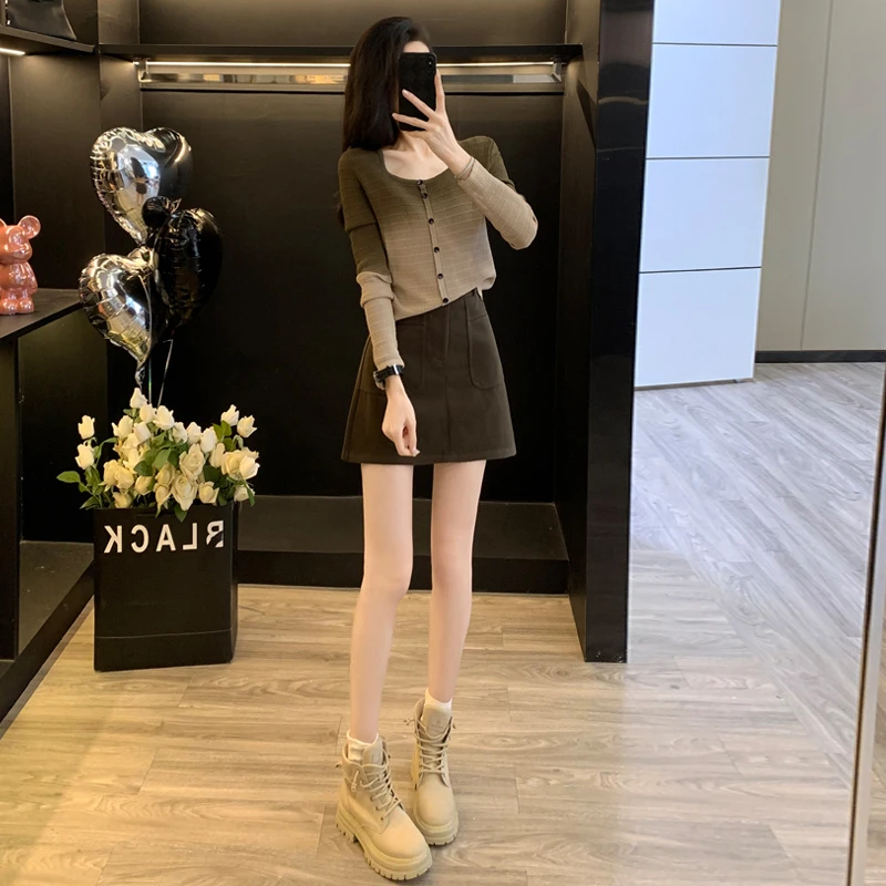 时尚减龄套裙女2025春季新款拼色渐变针织开衫上衣半身短裙两件套
