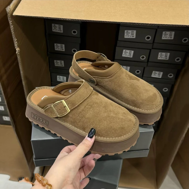 2025春季新款松糕底时尚包头拖鞋女一脚蹬小个子厚底日系勃肯拖鞋