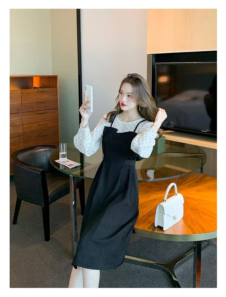 孕妇夏秋款波点拼接收腰显瘦气质A字中长连衣裙