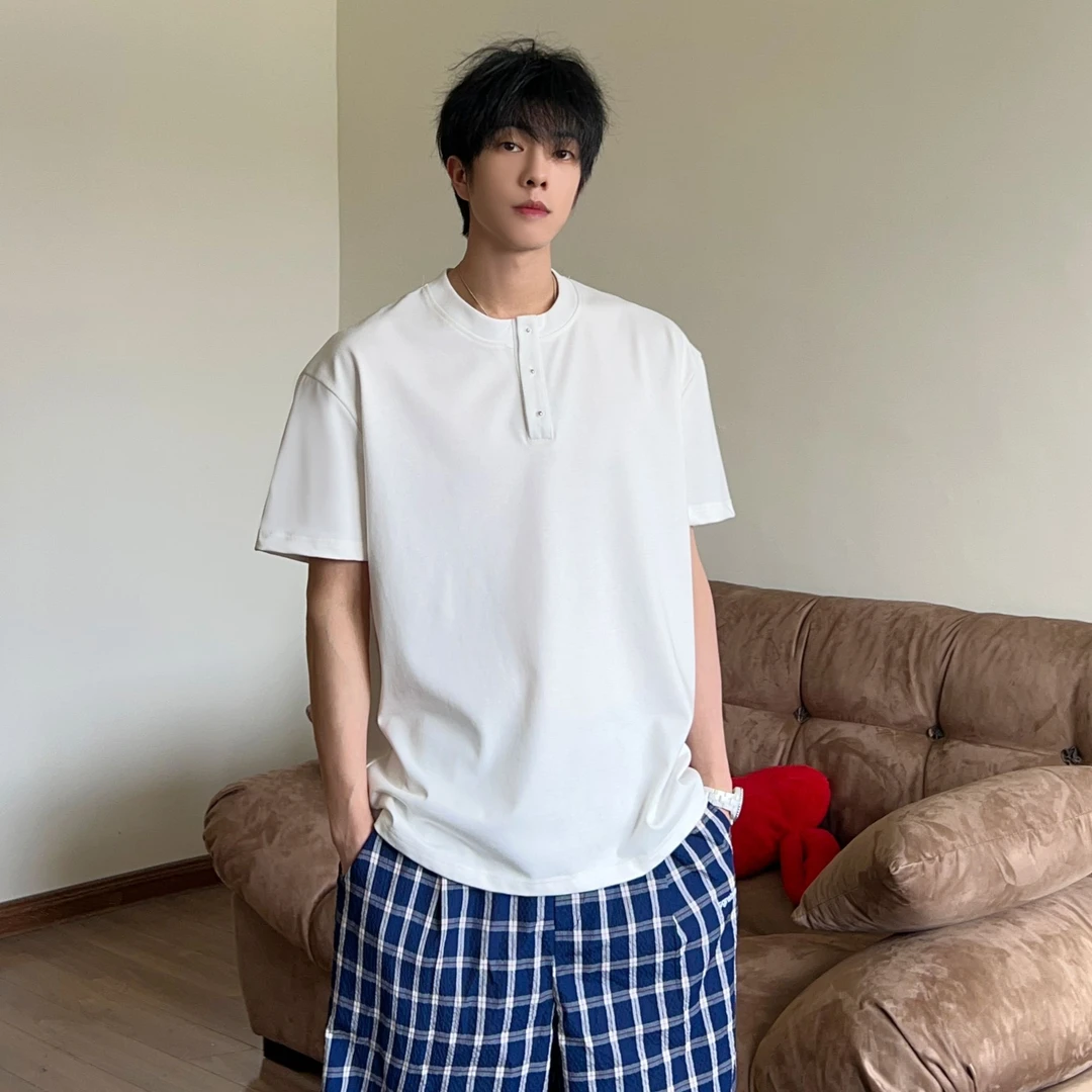 亨利领短袖T恤男女同款夏季百搭半袖宽松休闲情侣简约纯色半截袖