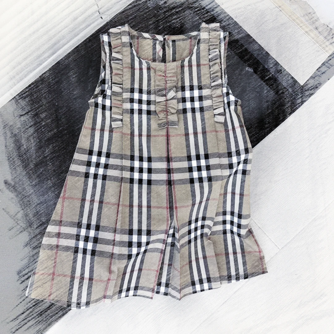 886夏季新款格子女童时尚经典格三道木耳花边无袖连衣裙