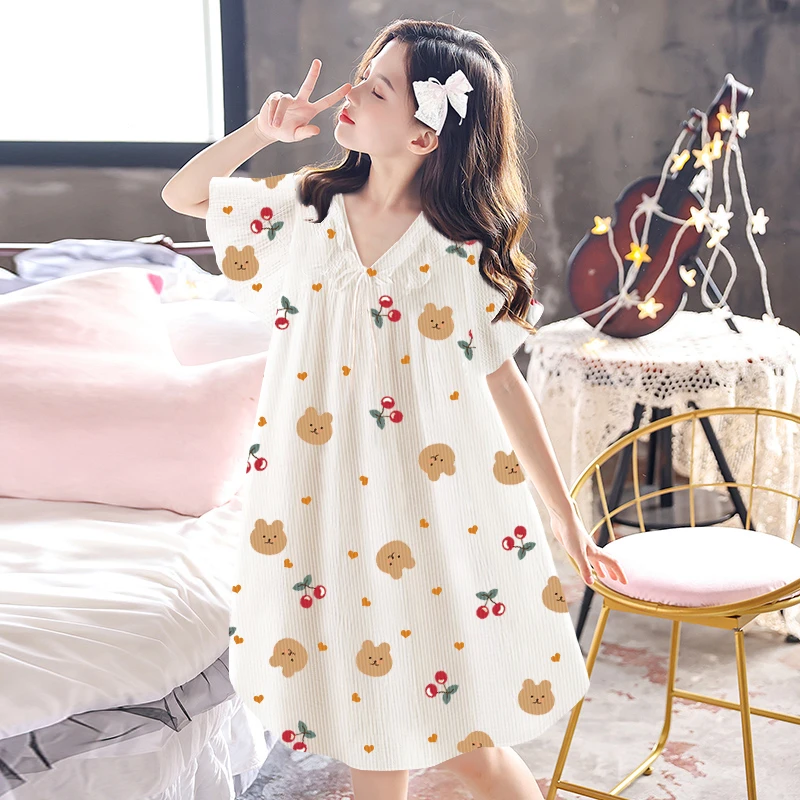 女童睡裙夏季冰丝公主风薄款儿童中大童女孩睡衣短袖空调服家居服