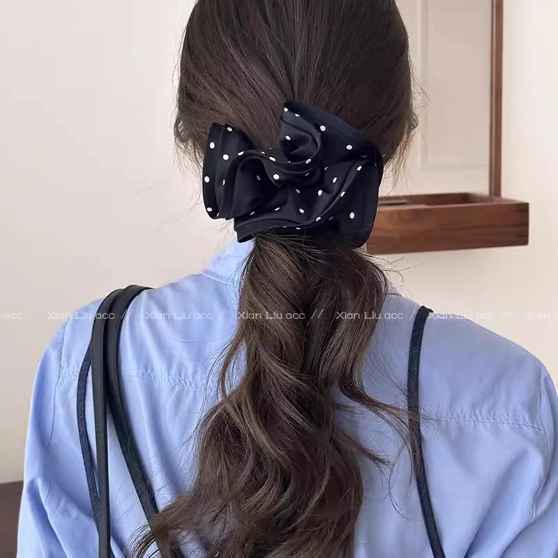法式高级感黑白波点发圈木耳边大肠圈头绳百搭低马尾皮筋发饰女