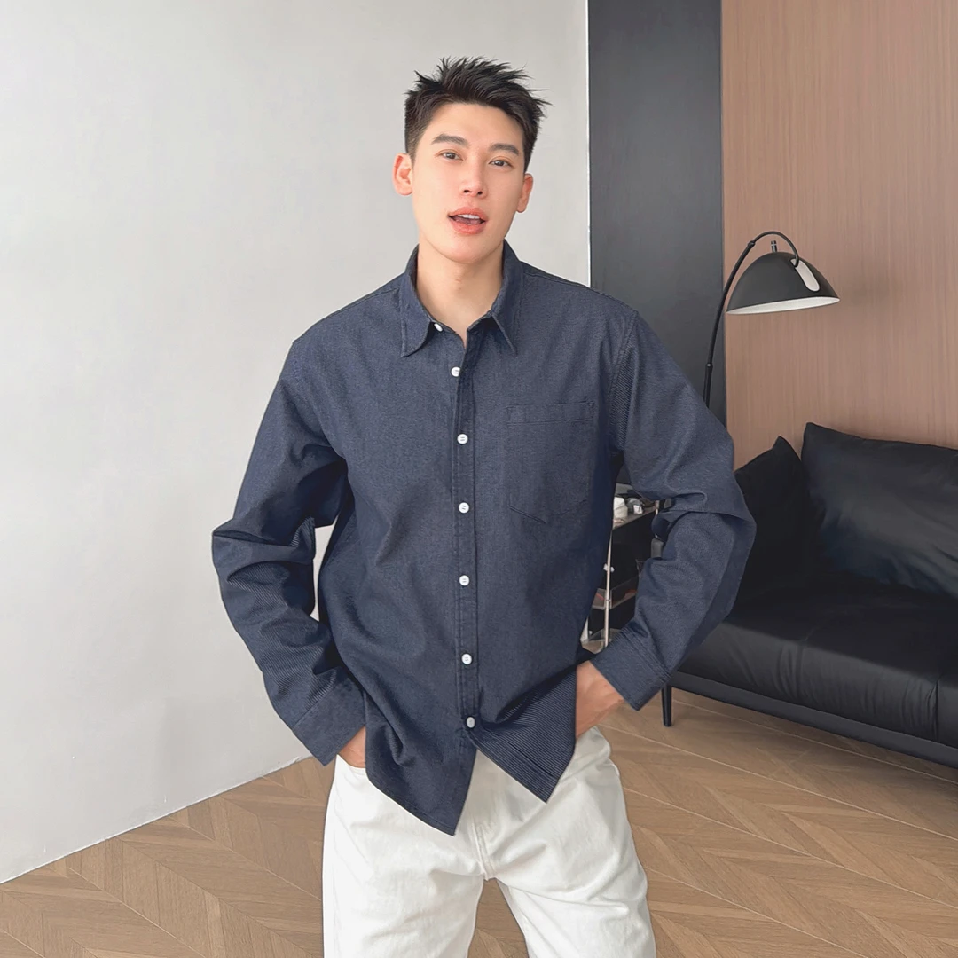 朱渣渣ins春秋长袖衬衫男2025新款宽松休闲棉质竖条纹衬衣外套潮