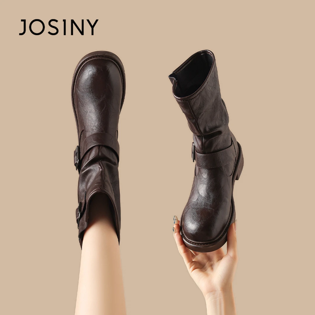 卓诗尼中筒长靴女25新款棕色厚底短靴堆堆靴秋冬美拉德裤管靴子XX