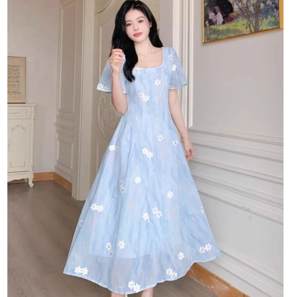 （80-200斤）小清新连衣裙夏季温柔风长裙胖MM遮肚显瘦a字裙子1812